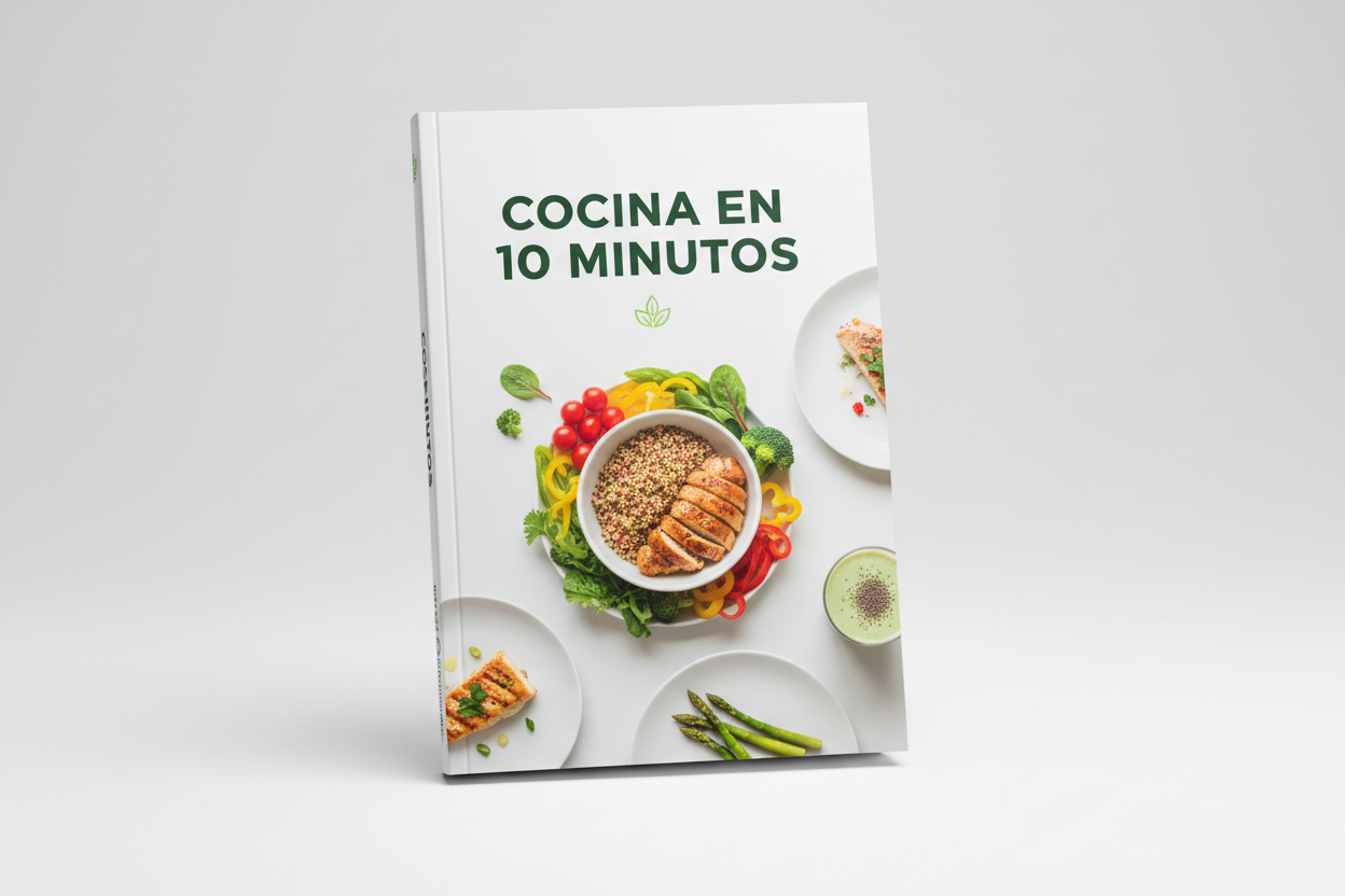 3D ebook mockup, healthy quick cooking guide,
title "Cocina en 10 Minutos",
top view food photography style cover,
fresh vegetables, bowls, clean plates, green smoothie,
white and soft green color palette,
modern clean nutrition branding,
ebook upright mockup,
high-key lighting, minimal aesthetic
