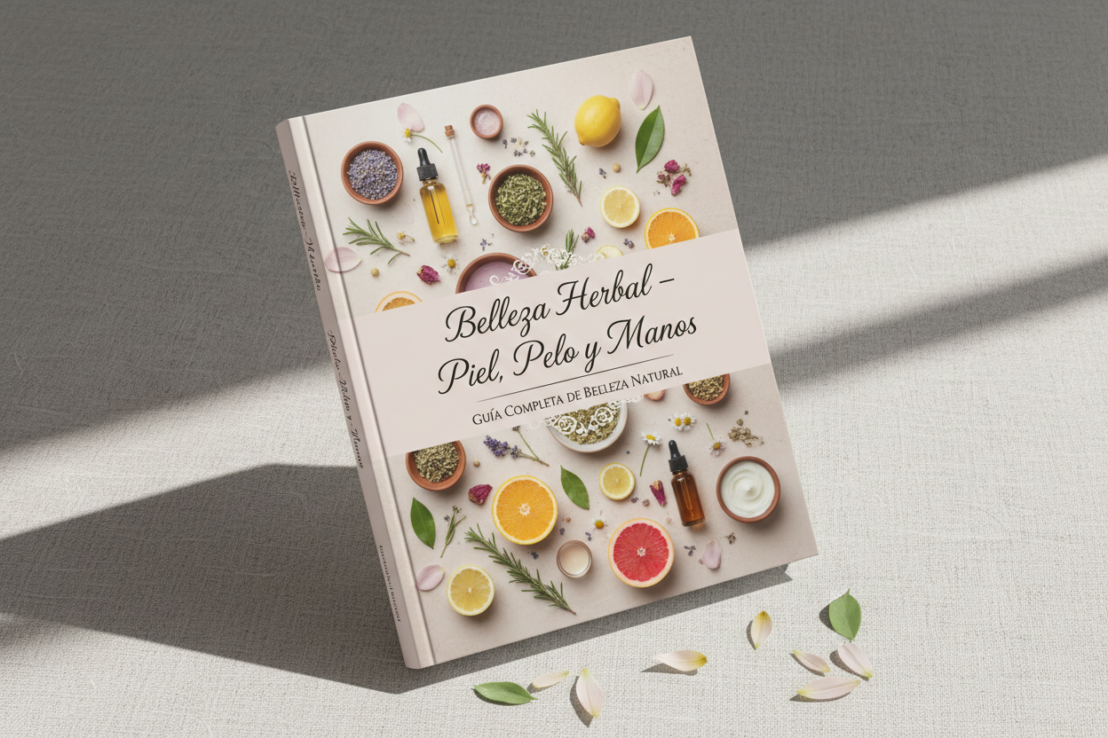 3D ebook mockup, herbal beauty guide,
title "Belleza Herbal – Piel, Pelo y Manos",
flat lay inspired cover with natural cosmetics, herbs, oils, citrus, bowls,
soft blush and beige palette,
clean feminine wellness design,
ebook standing slightly angled,
bright natural daylight, soft shadows
