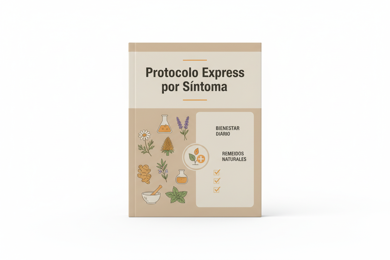 3D ebook mockup, quick natural remedy guide,
title "Protocolo Express por Síntoma",
structured infographic-style cover,
herbal ingredients, icons, checklists,
beige and soft orange palette,
clear and practical wellness design,
ebook standing front view,
clean studio lighting, professional look
