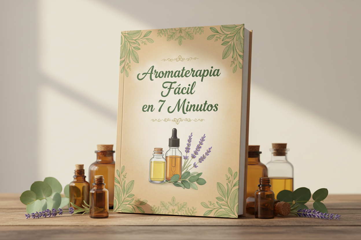 Realistic 3D ebook mockup titled “Aromaterapia Fácil en 7 Minutos”, elegant herbal design, beige cover with green accents, essential oil bottles, lavender and eucalyptus leaves on a wooden table, warm natural lighting, premium ancestral wellness style, clean background, high detail
