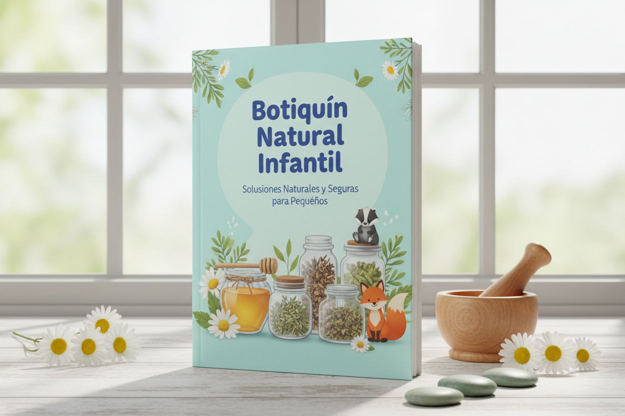Realistic 3D ebook mockup titled “Botiquín Natural Infantil”, soft and friendly design, light blue and green cover, herbal remedies, honey, chamomile, natural jars, clean and safe wellness aesthetic, bright lighting, premium natural health style
