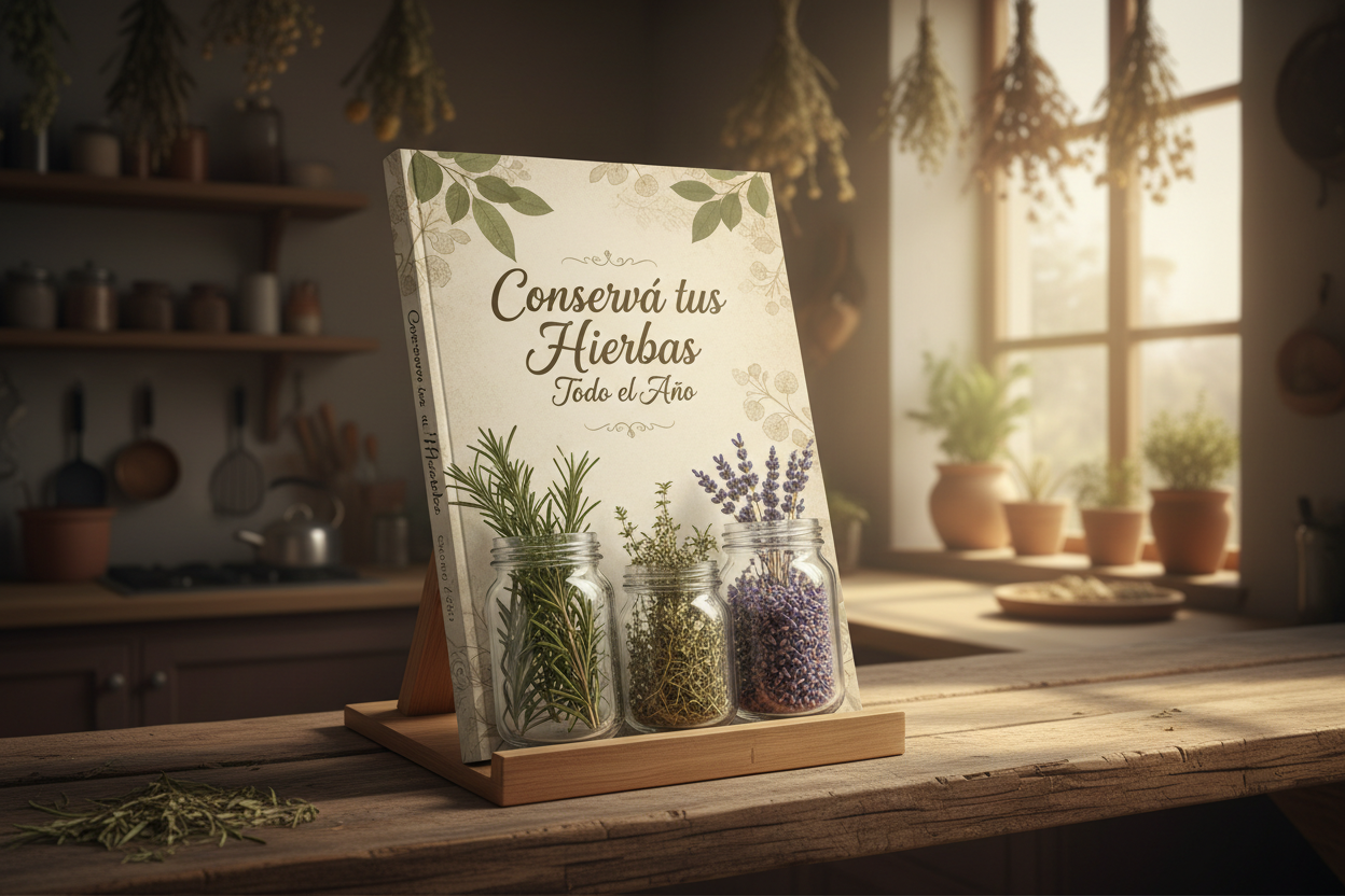 Realistic 3D ebook mockup titled “Conservá tus Hierbas Todo el Año”, rustic herbal design, beige and earthy tones, glass jars with dried herbs, wooden shelf, natural kitchen setting, warm lighting, premium ancestral storage guide style
