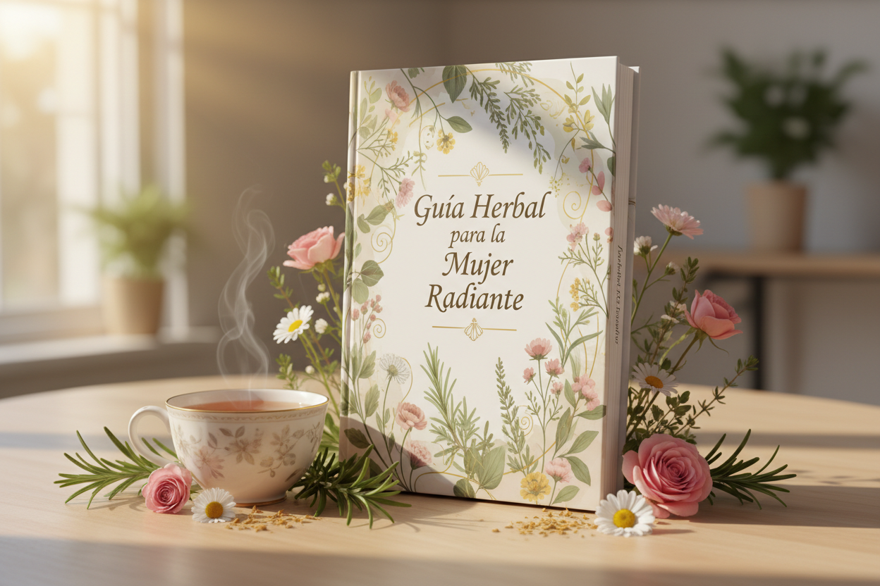 Realistic 3D ebook mockup titled “Guía Herbal para la Mujer Radiante”, feminine herbal design, soft beige and floral tones, chamomile tea, herbs and flowers, elegant wellness aesthetic, warm natural light, premium ancestral health style
